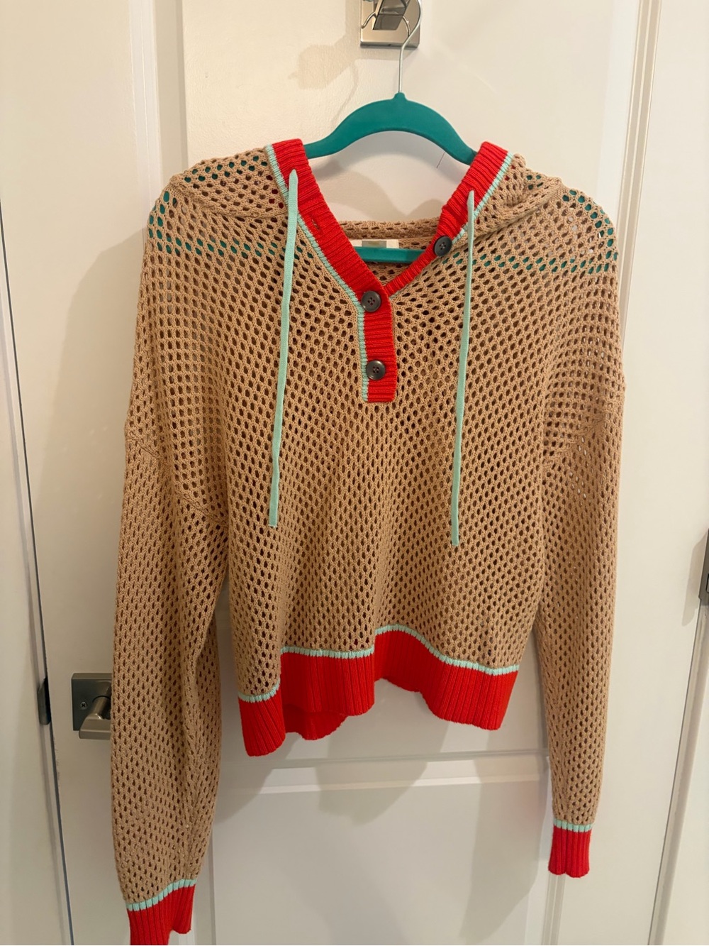 Maeve Open-Stitch Hooded Henley Sweater
